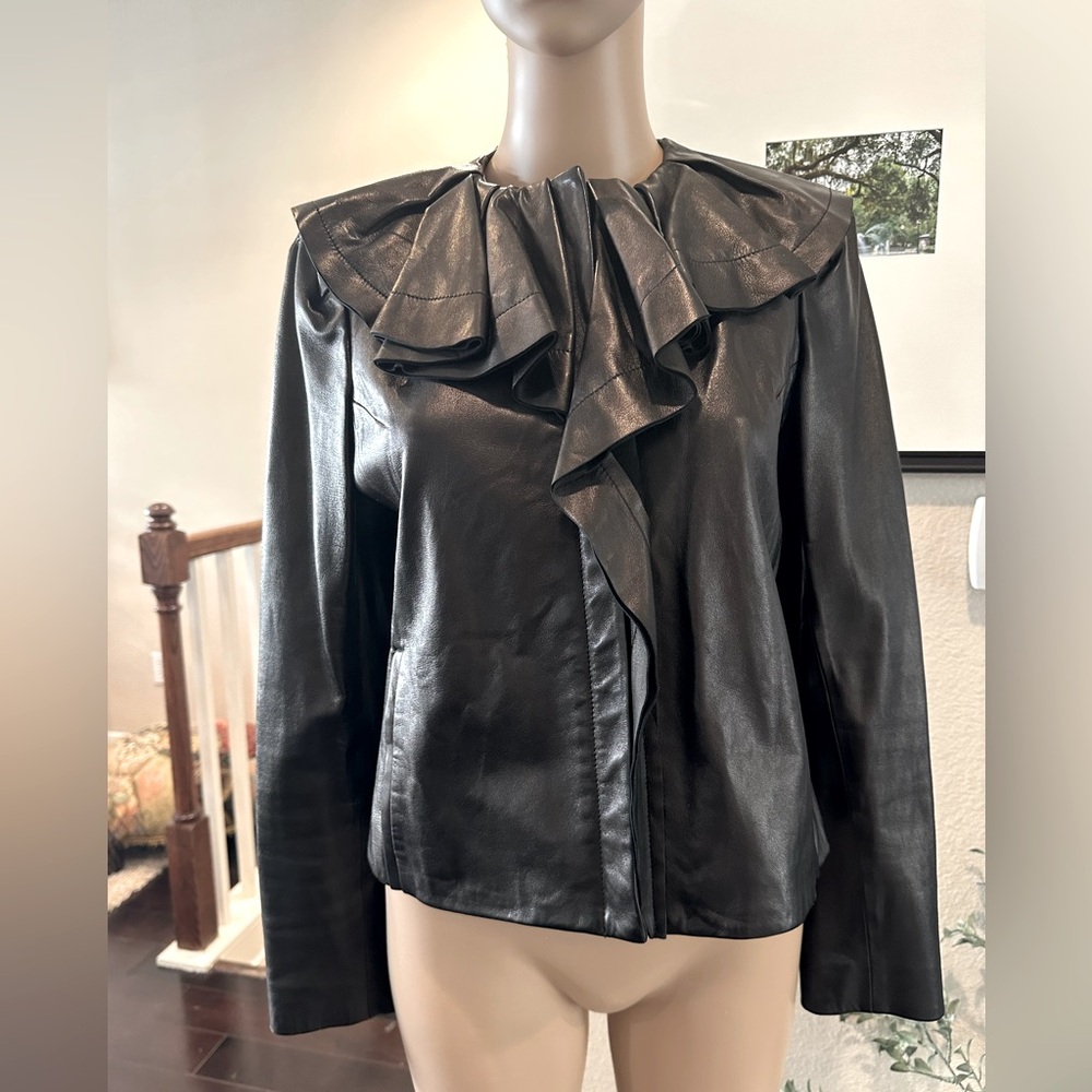 DVF Black Ruffle Leather Jacket - Picture 2 of 9